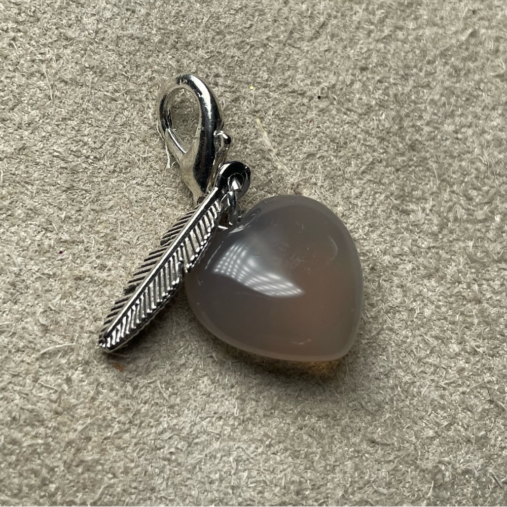 Smokey Quartz Heart Pet Collar Charm With Small Antique Silver Feather Charm - Picture 4 of 12